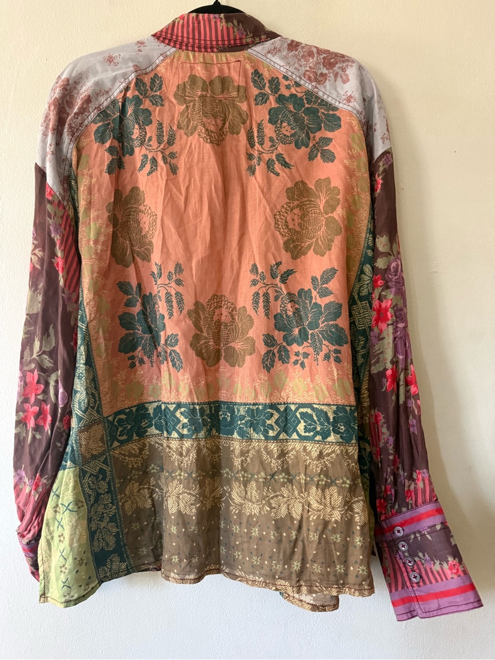 We The Free Free People Large Patchwork Floral Button Down Shirt Brown Green L - Picture 3 of 9
